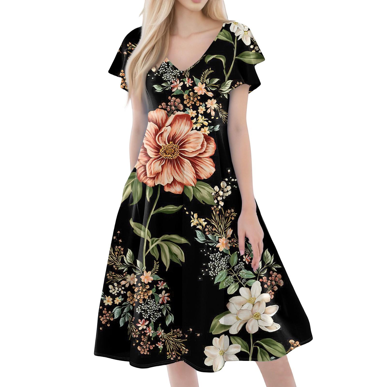 

Женское повседневное модное платье с V-образным вырезом, короткими рукавами, принтом и карманами XL