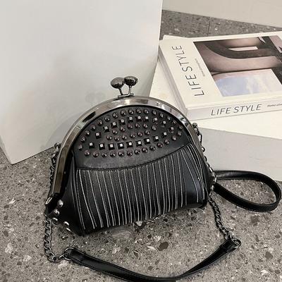 Rivet Tassel Chain Bag Women'S Diamond-Encrusted Dinner Women'S Bag Clamped Single Shoulder Crossbody Shell Bag