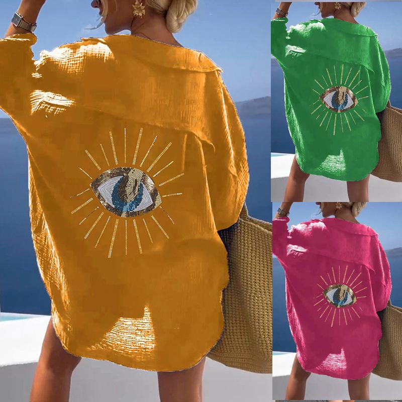 European and American Women's Plus Size Turn-Down Collar Casual Long-Sleeve Shirt for Autumn and Winter.
