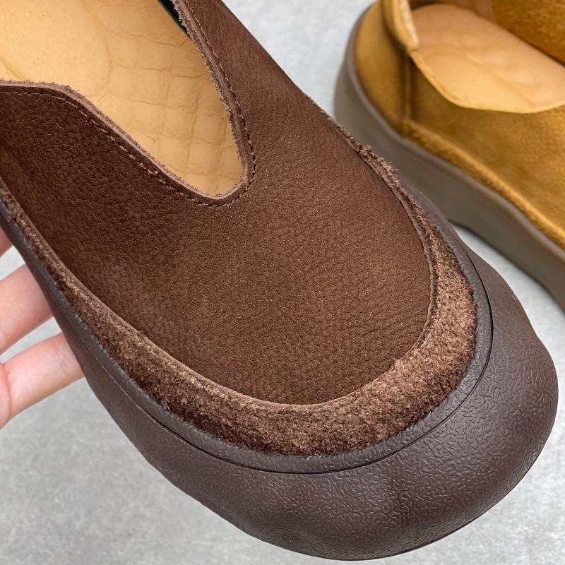 Johnature Vintage Handmade Genuine Leather Loafers Round Toe Thick Soled Cowhide Women's Slip-on Shoes