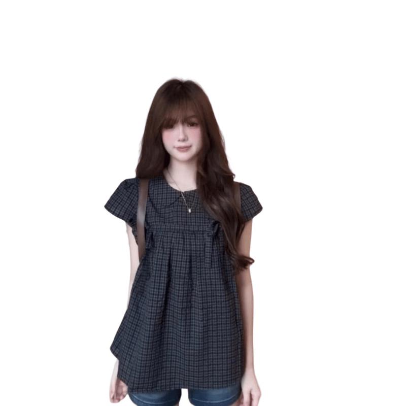 La Chapelle Women s Plaid Tie-Front Doll Collar T-Shirt S чёрный