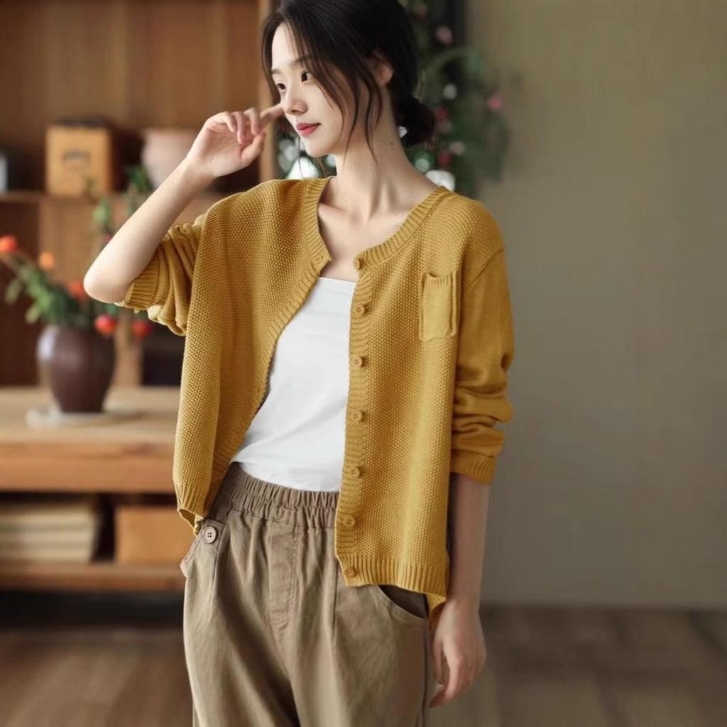 Damski kardigan dziergany w stylu koreańskim: Wiosna 2025 Luźny Top Wyszczuplający z Okrągłym Dekoltem
