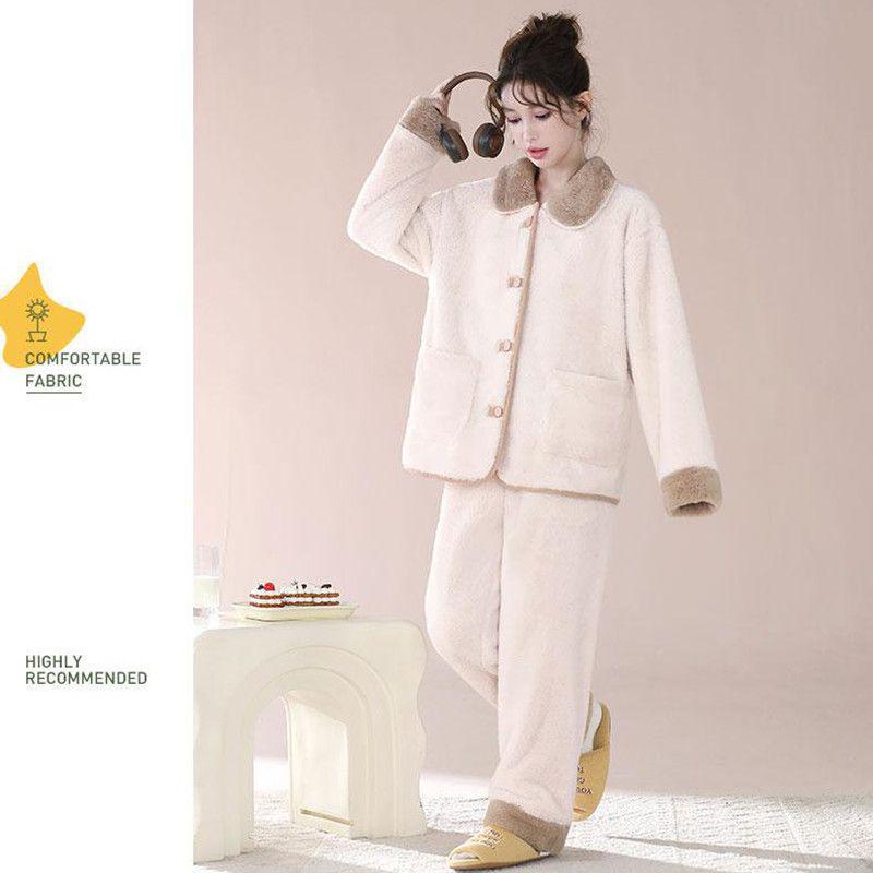 Women's Autumn/Winter Cozy Flannel Pajama Set - Warm Fleece-Lined, Loose Fit, Wear Indoors or Outdoors