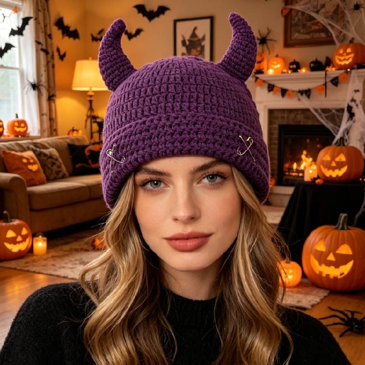 Crochet Horn Cap for Fall Winter Outfits, Brimless Devil Hat with Front Pin Accent for Party Photo Outfit Looks