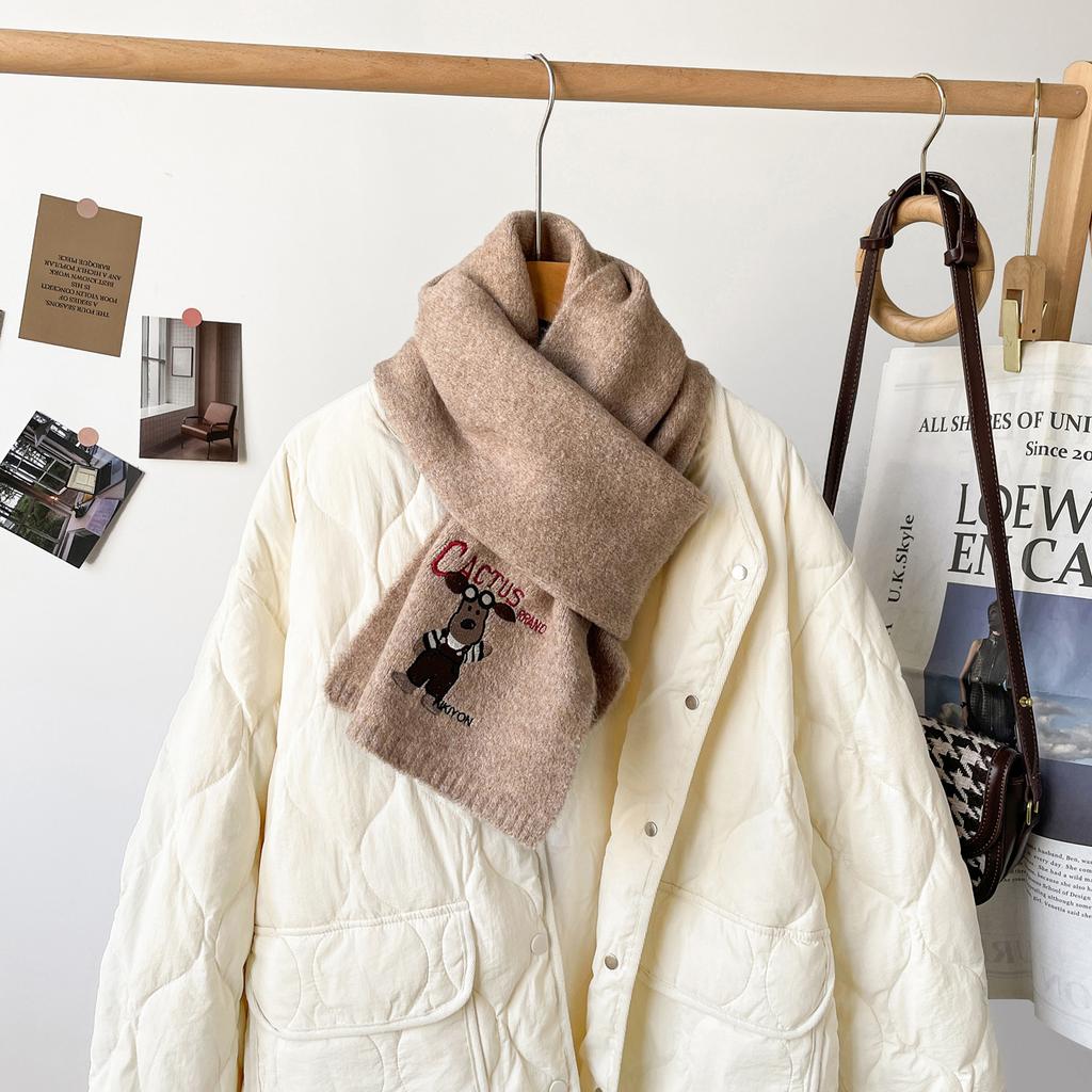 Wool blended knitted scarf cute embroidered cartoon small scarf female autumn and winter couple wool scarf
