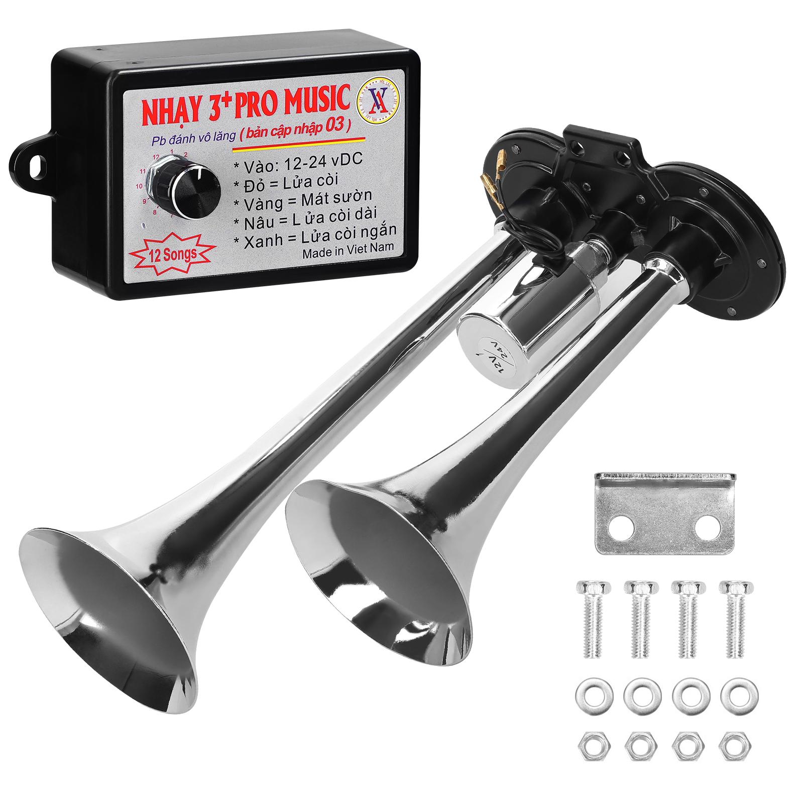 

Громкий электрический звуковой сигнал с двойной трубой, 110 дБ, 12-24 В, с контроллером звукового сигнала на 12 звуков для легкового автомобиля, грузовика серебряный