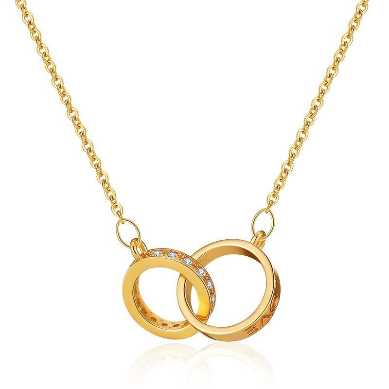 Interlocking Double Ring Gold Plated Zircon Light Luxury Simple Clavicle Necklace For Women