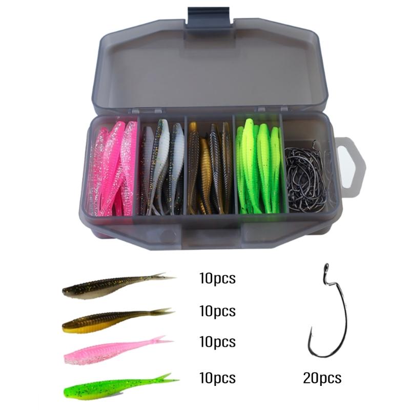 60Pcs Fish Lures Soft Artificial Lures for Fishing Ribbon Lures Soft Colorful Fork Tail Swimbaits with Crank Hook