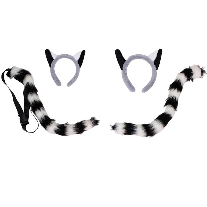 Plush Raccoon Ears and Tail Costume Set with Arched Ear Headbands, Two-Piece Animal Accessories for Cosplay and Costume Balls