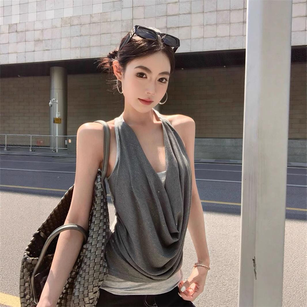 

2025 Color Block Patchwork Cowl Neck Halter Camisole for Women Medium