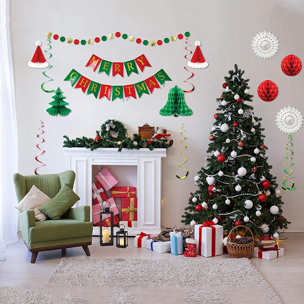 Xmas Tree Honeycomb Backdrop Paper Fan for Banner Set for Christmas Front Door Wall Paper Fan +Banner Set for Party