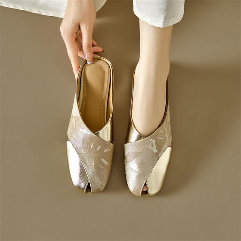 French Baotou Half-drag Women's Summer Soft Leather National Style Printing Color Matching Square Head Hollow Flat Bottom Lazy Muller Cool Slippers