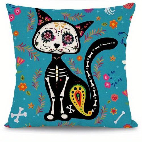 Home Decor Day Of The Dead Cat And Skull Pillows Pattern Cushion Cover Suitable For Sofa Bedroom Car Pillow Cover