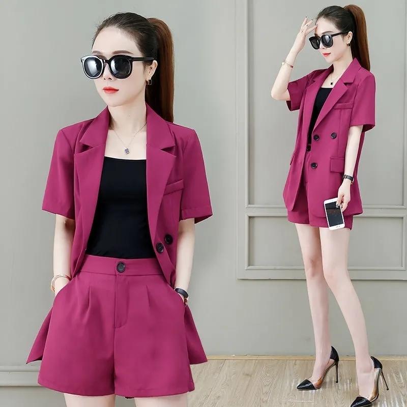 

Female Summer Suit Set Short Sleeved Suit Jacket+shorts Simple Commuting Two-piece Set XS фіолетовий