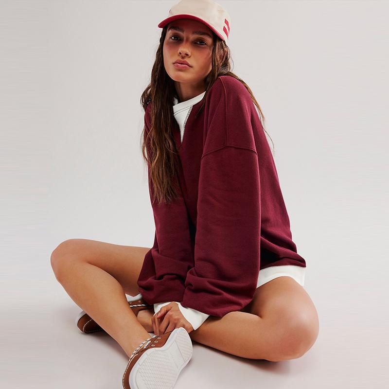 Casual Loose Contrast Sweatshirts Women Long Sleeved Round Neck Patchwork Hoodie Spring Autumn Street Style Pullover