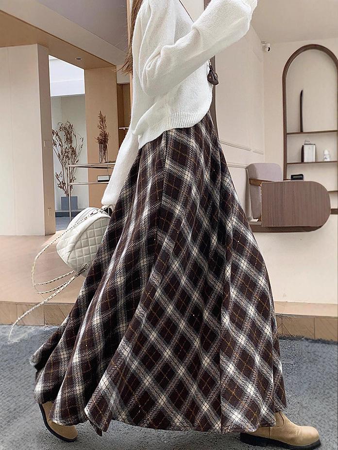 Thickened Warm Wool Retro Plaid Umbrella Skirt - 2025 Autumn/Winter Collection