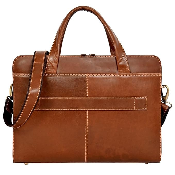 Genuine Leather Laptop Briefcase Bag for Men, Durable Vintage Office Travel Carry Business Messenger Shoulder Bag, Multi Pocket Zipper Work Handbag