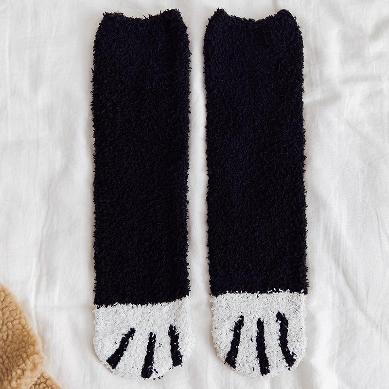 Coral Fleece Cat Paw Socks, Women's Mid-calf Sleeping Socks, Postpartum Floor Thick and Warm Socks for Autumn and Winter