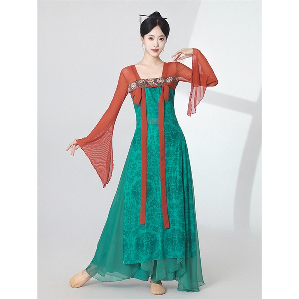 Women's Chinese Classical Dance Costume, Red Green Contrast Color Flowy Chiffon Performance Dress With Long Sleeves