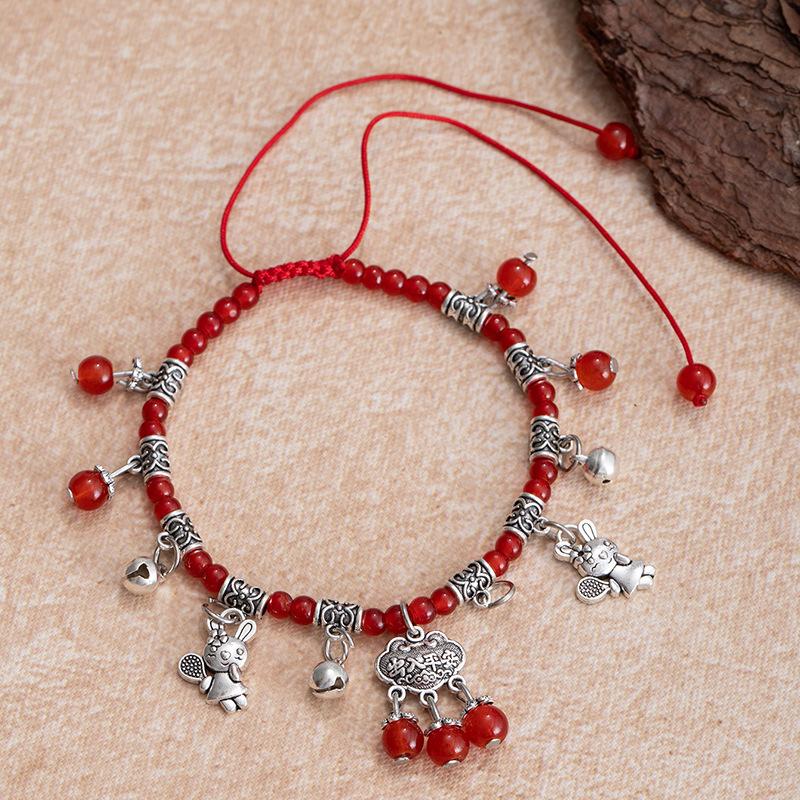 Imitation Red Agate Zodiac Foot ChainRed Rope Bell Hidden Silver Peace Lock Foot Rope Accessory
