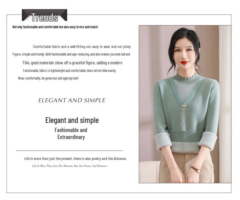 Autumn Winter Fleece Knit Top for Middle-Aged and Elderly Women - Thick Sweater Base Layer