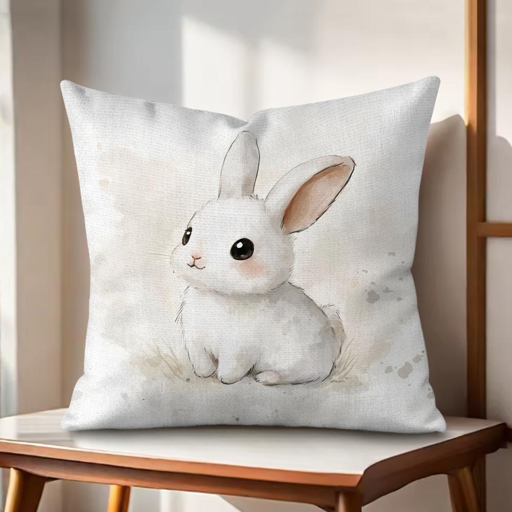 Cute Retro Bunny Cushion Cover Natural Linen Organic Fabric DoubleSided Printing Couch Pillow Covers Home Decor