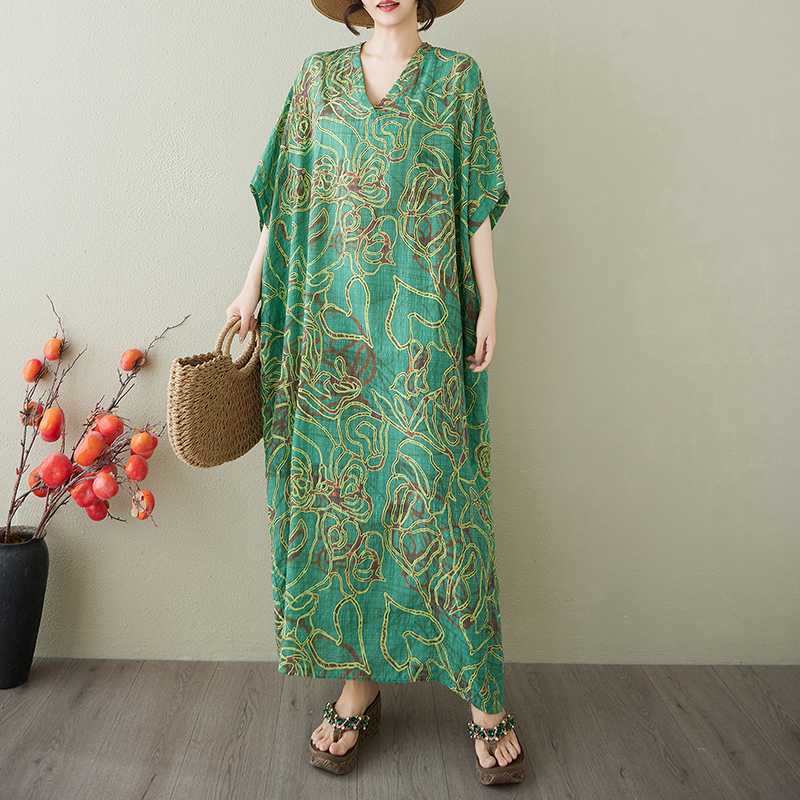 Vestido Largo Vintage para Mujer con Estampados de Algodón y Lino