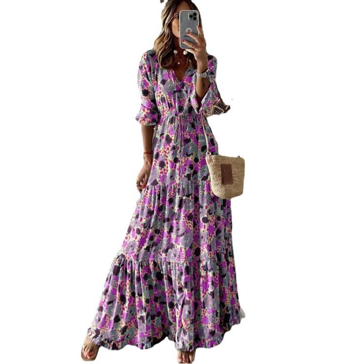 Elegant Vacation Swing Style 2025 New Summer Women V Neck Printed Long Dress