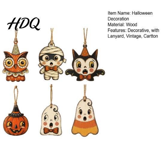 Halloween Door Frame Wooden Hang Tags 6Pcs Vintage Ornaments for Tree Decorations Black Cat Pumpkin Wood Cutout Cartoon Ghost Decor Owl Hanging