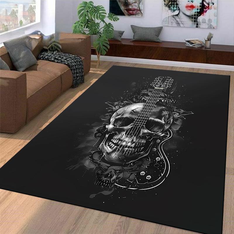 Guitar Design Black Carpet with Skull Patterns for Music Lovers Decor Suitable for Use As an Anti-slip for Living Room Bedroom Sofas
