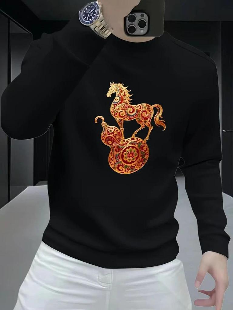 Men's Heavyweight American Style Round Neck Sweatshirt - Spring/Autumn, Long Sleeve, Loose Fit, Plus Velvet for Extra Warmth