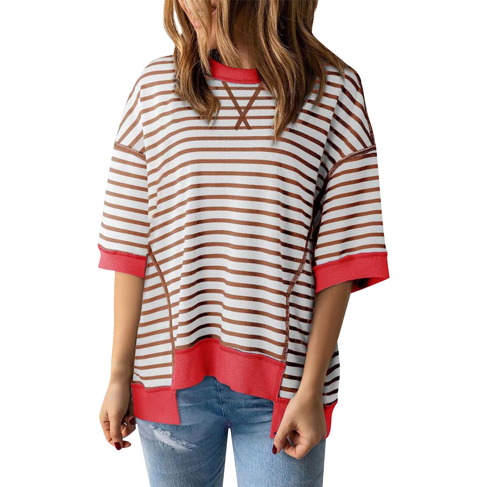 

Женский полосатый цветной дизайн с заниженными плечами, пуловер с короткими рукавами, женский топ M красный