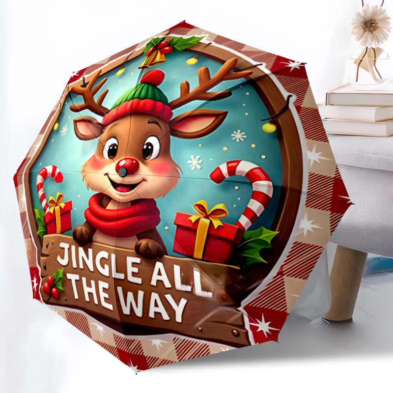 1pc Sturdy 8-Bone Auto Umbrella, Christmas Lucky Deer Umbrella, Digital Printed, Foldable Umbrella for On-the-Go Outdoor Use