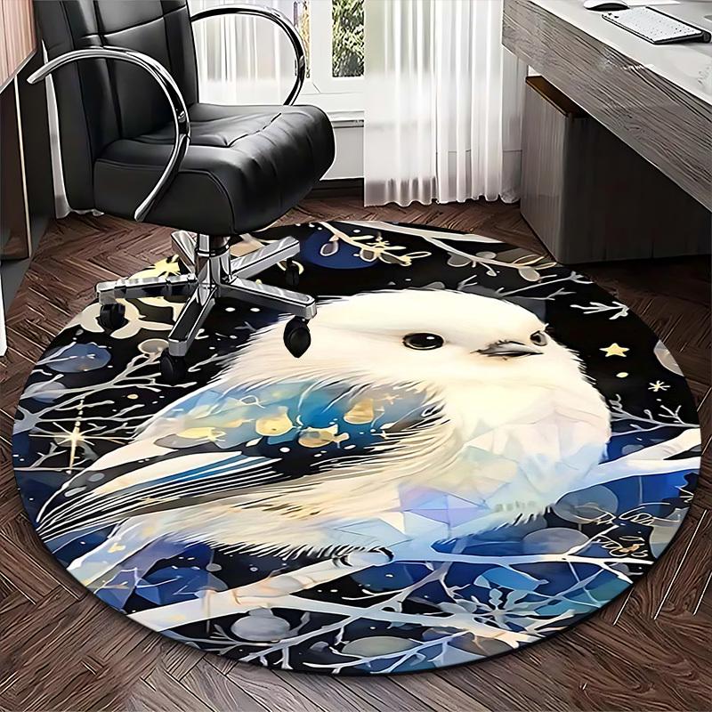 1pc Anime Design Winter White Bird Round Carpet Office Chair Mat, Non Slip Rug for Home Decor, Gift, Office, Living Room, Bedroom