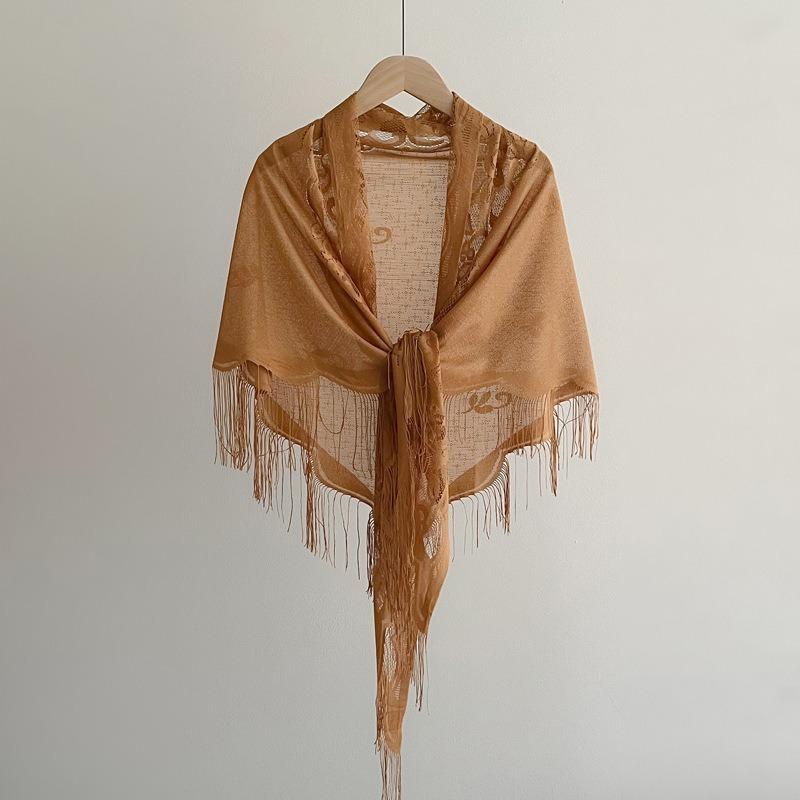 Solid Color Tassel Lace Wave Edge Triangle Shawl For Women