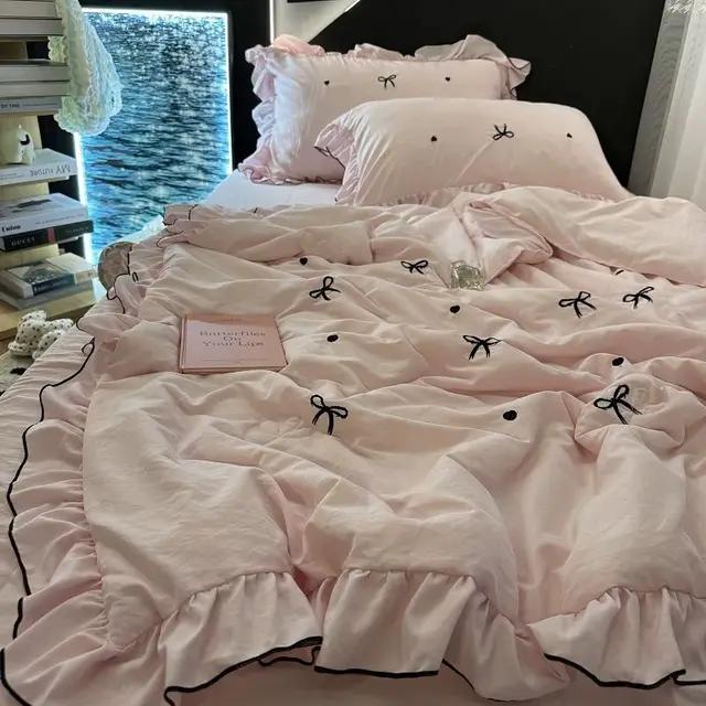 Korean Style Summer Cool Quilt Girl Lace Embroidered Bow Washed Cotton Simple Air Conditioning Quilt 1 pcs Hot Sale