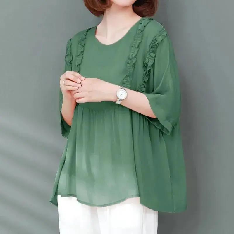 

Летний женский свободный шифоновый универсальный топ с короткими рукавами и круглым вырезом большого размера XL зелёный