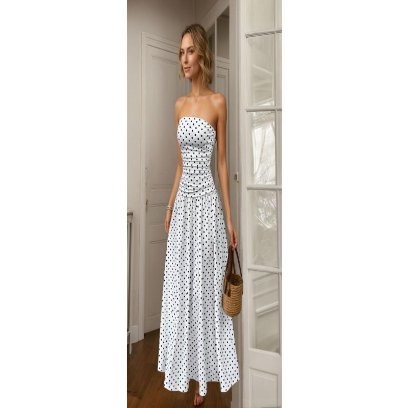 Women Retro Polka Dot Strapless Slim Fit A Line Long Dress