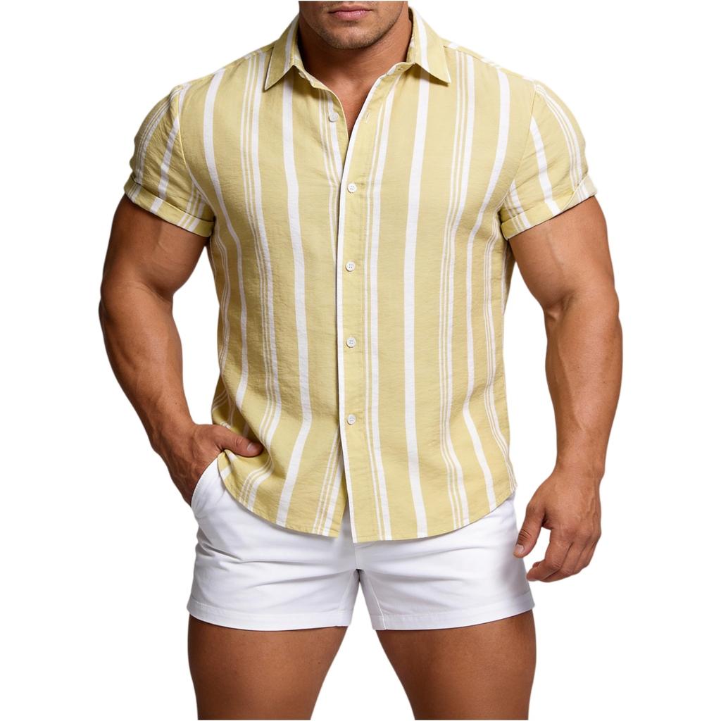 Men's Casual Short Sleeve Button Down Shirt Lightweight Breathable Striped Polo Collar Shirt Suitable for Vacation and Sports Wear