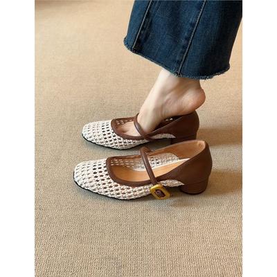 Spring and Autumn Edition~ Retro Soft Leather Square Head Woven Hollow Mary Jane Shoes Women's Shallow Mouth Square Head Thick Heel with Sandals