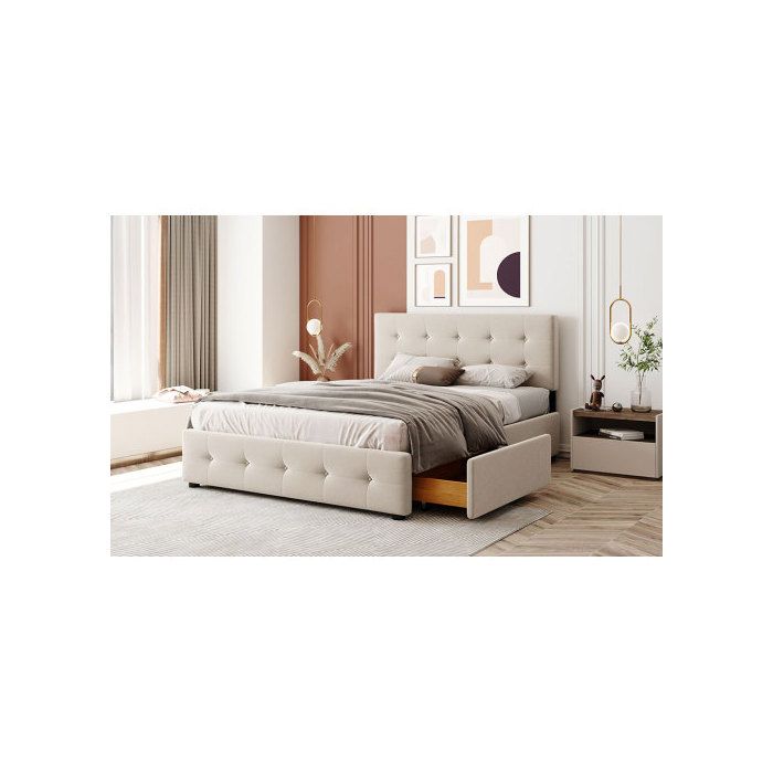 Lit Double - MUVOE - 140 X 200 Cm - Beige - Rembourré Avec Tiroirs - Structure En Métal