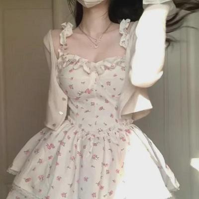 Falda Midi Francesa con Tirantes para Mujer – Diseño Floral Lindo, Perfecta para Principios de Primavera y Otoño, Cintura Chic y Estilo de Hada Gentil.