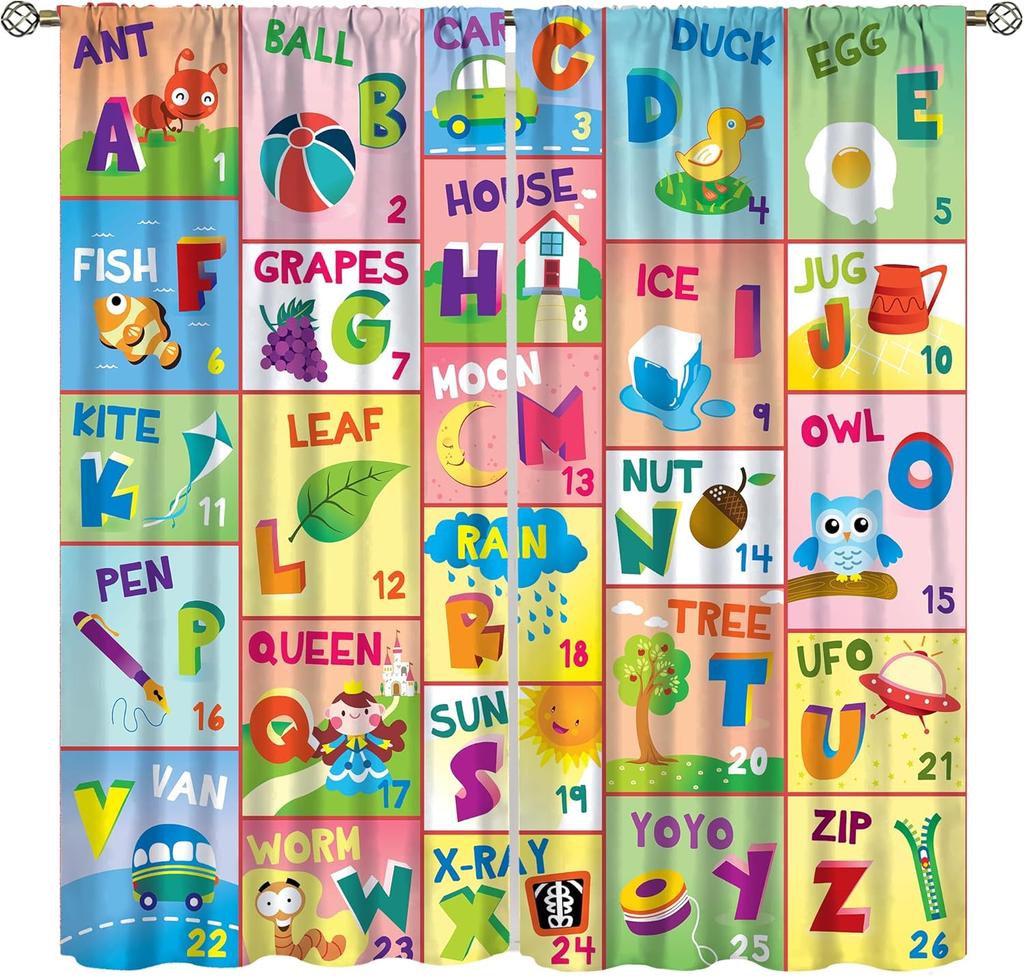 Abc Alphabet Curtains, Cartoon Toddler Colourful Animals Numbers Colours Classroom Learning Windows Treatments Drapes For Kids