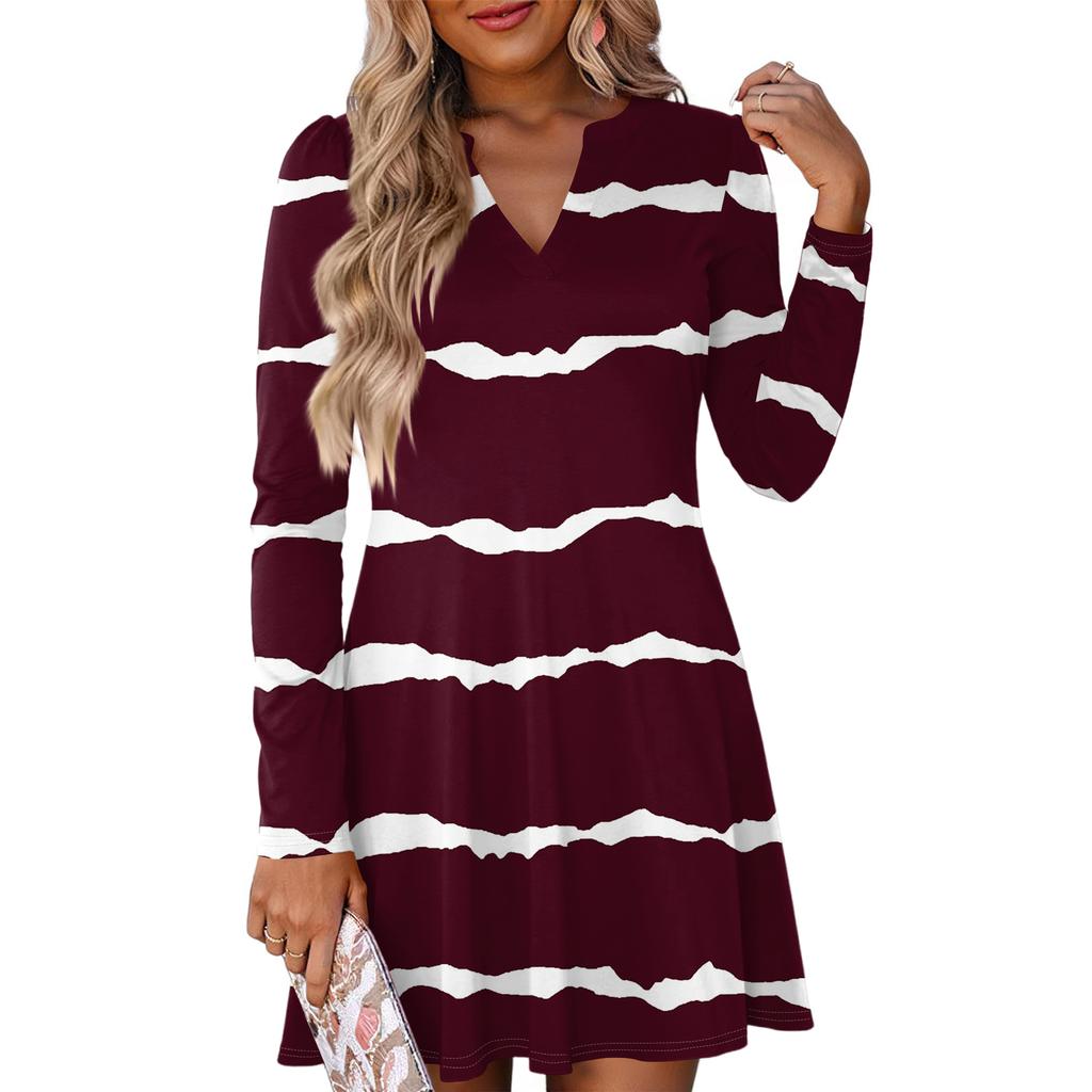 Women's Fashion Striped V-Neck Long Sleeve  Dress