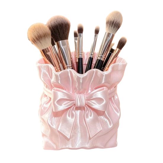 Dressing Table Brush Holder Satin Bow Bag Makeup Holder, 3D Printed Beauty Tool Organizer Cosmetic for Desk, Large Bowknot Pouch Pencil Storage