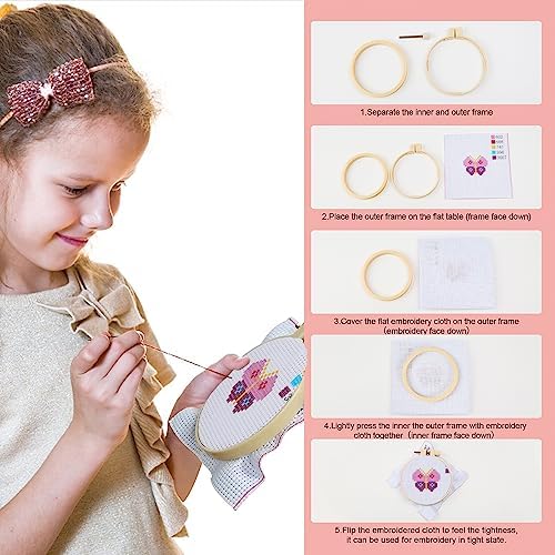 Ysimple Kids Cross Stitch Kit, 6 Animal Patterns DIY Embroidery Starter Kit for Beginners, Includes 2 Hoops, Crafts Sewing Art for Children & Adults