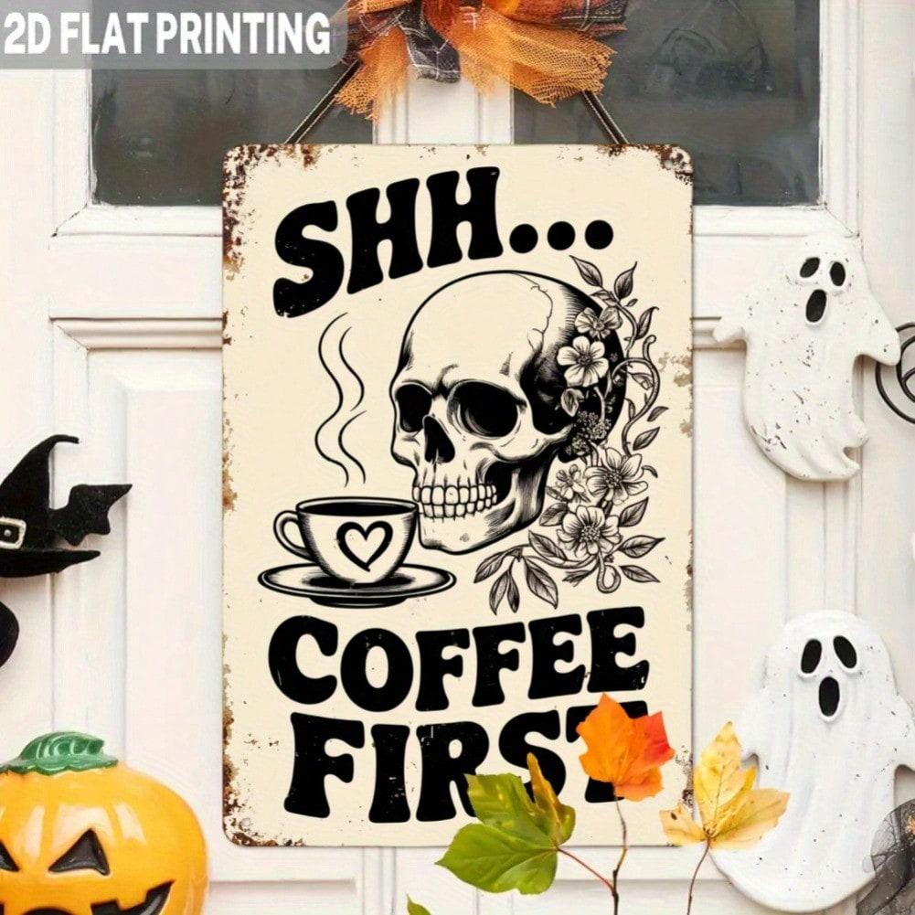 

Vintage Gothic Coffee Metal Wall Sign With Skull Floral Cup Retro Cafe Art Gift 20x30 разноцветный