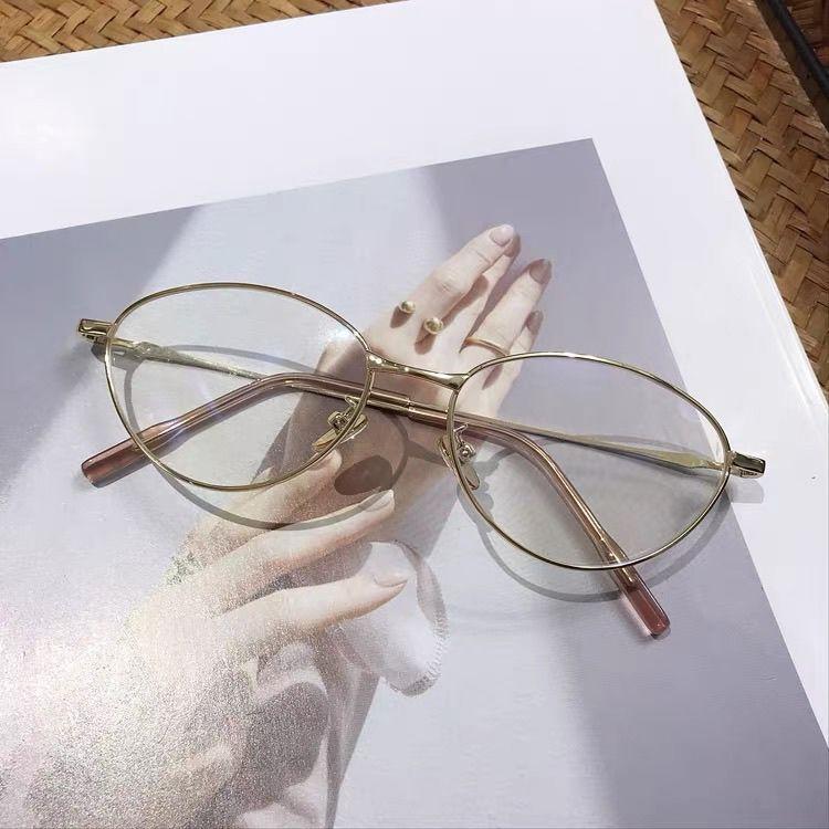Pure Desire Plain Face Cat Eye Flat Mirror High Intelligence Retro Metal Silver Edge No Degree Square Round Face Myopia Glasses Frame Women