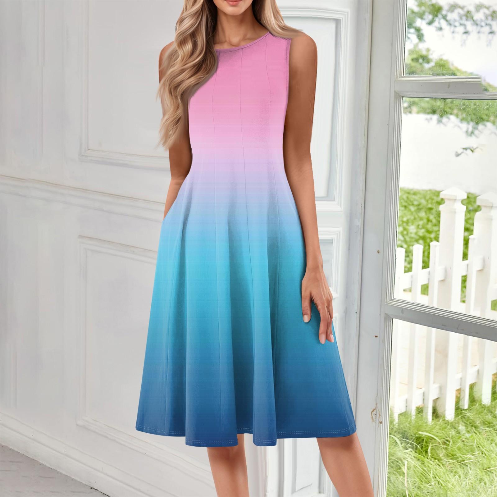 Ladies  Casual And Fashionable Round Neck Sleeveless Printed Mid Length Dress L синий