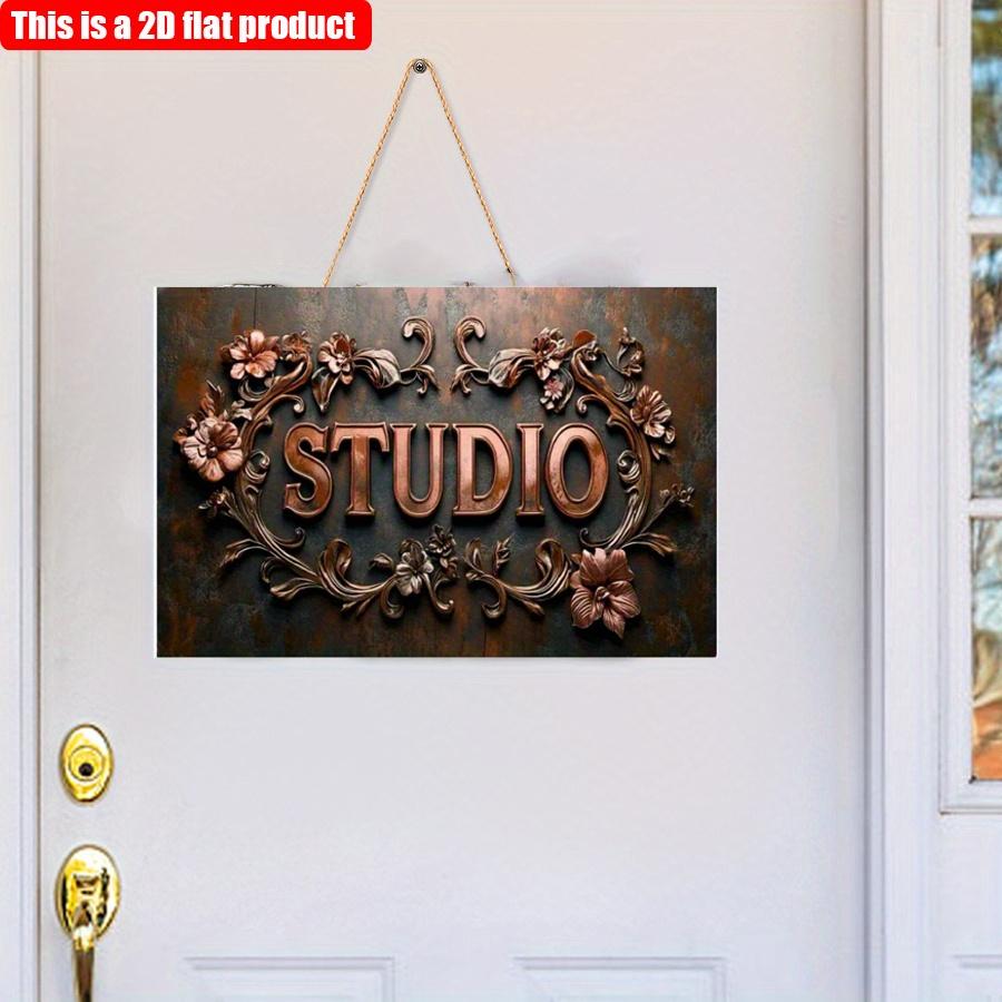 2D Flat 30*20cm "STUDIO" Vintage Style Wooden Decorative Sign, Exquisite Flower Patterns Wooden Wall Hanging Plaque, Suitable Film Studio, Recording